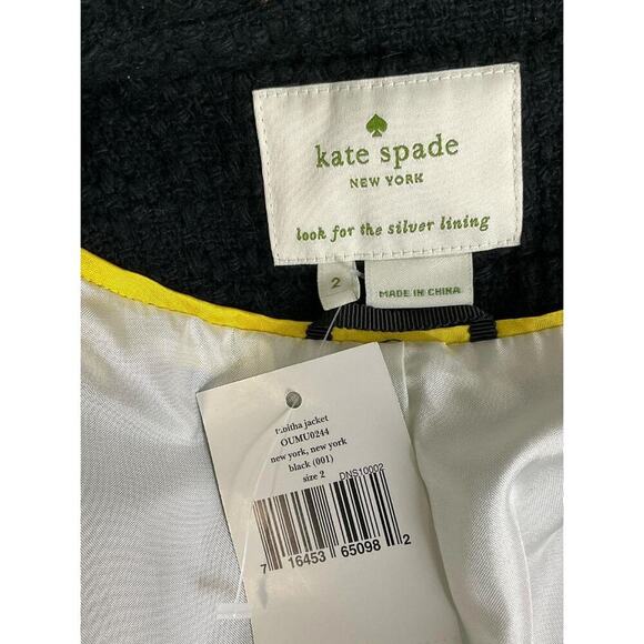 NWT Kate Spade Tabitha Tweed Wool Blazer Jacket Black Gold Studs Size 2 - Picture 3 of 7